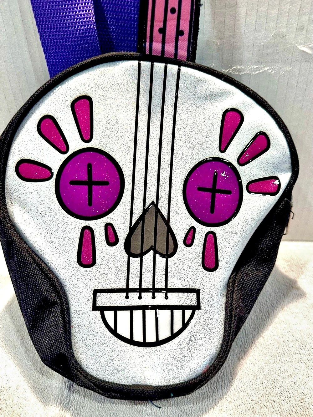 Disney Skull Guitar Crossbody Skeleton backpack Bag in Purple & Black Like New